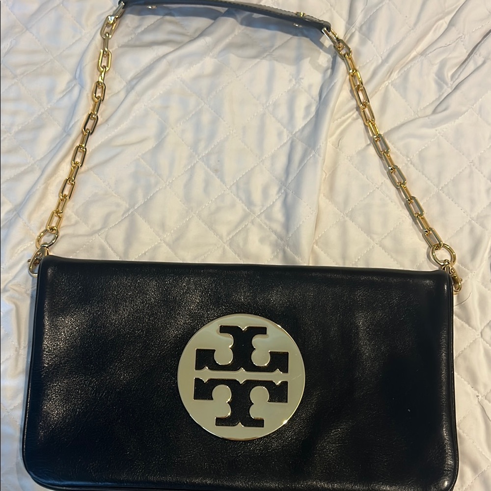 Tory Burch Black and Gold Shoulder Bag with Chain Strap